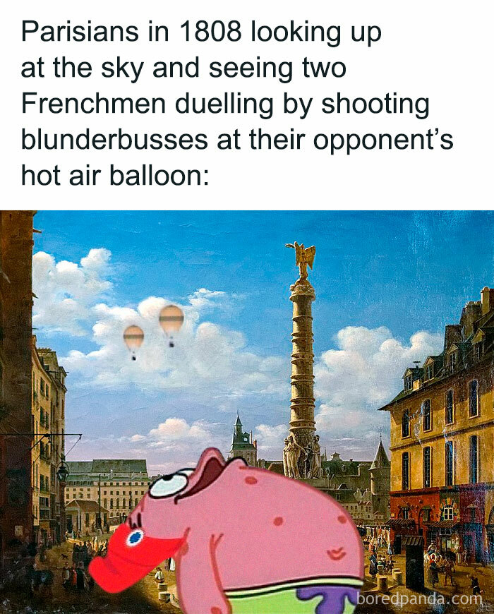Funny meme depicting historical duel scene with hot air balloons and cartoon character looking up.
