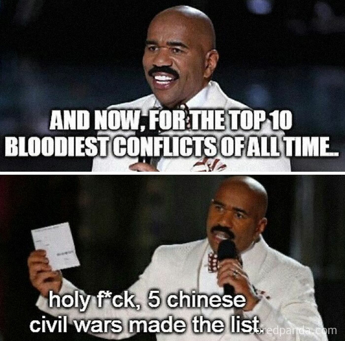 Host humorously introducing top 10 bloodiest conflicts, highlighting Chinese civil wars.