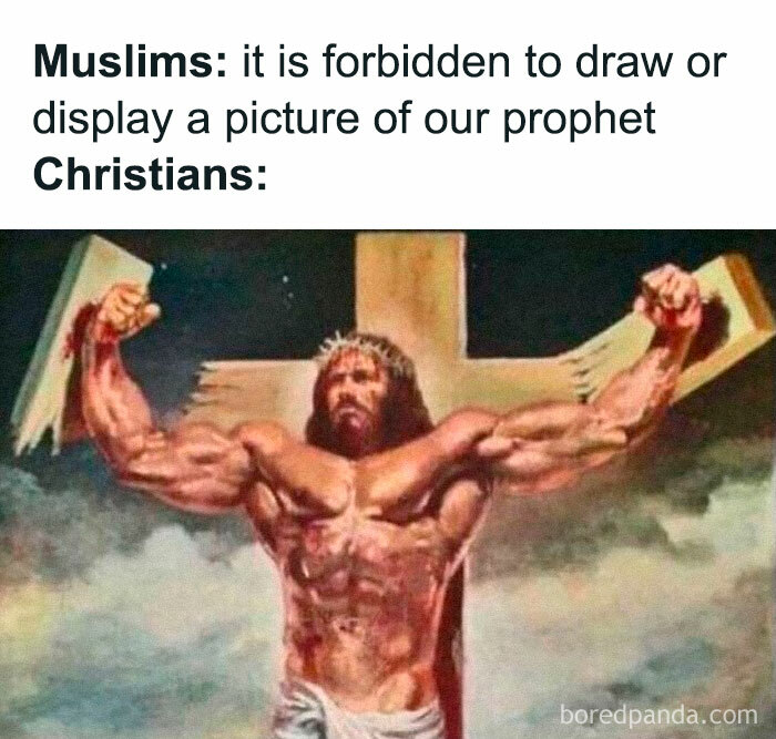 Meme illustrating humorous contrasts in religious depictions in history.