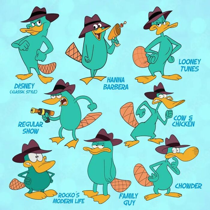 Famous pop culture character depicted in various cartoon styles, including Disney and Looney Tunes styles.
