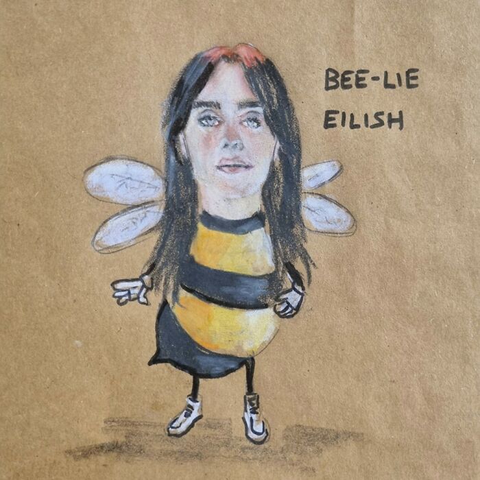 Cartoon drawing on a lunch bag showing a bee-themed character with playful text, illustrating a humorous lunch bag pun.