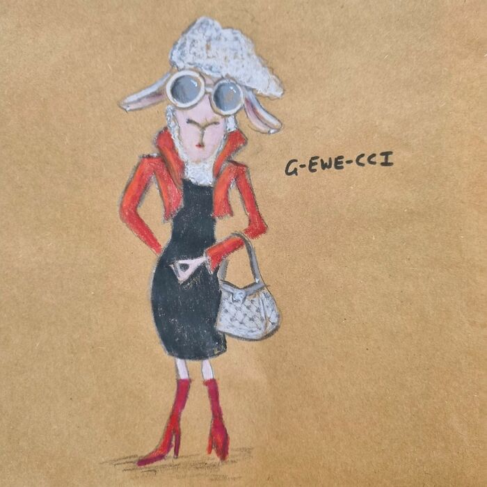 Cartoon of a stylish sheep with sunglasses, labeled "G-EWE-CCI," on a brown lunch bag, exemplifying pun-filled humor.
