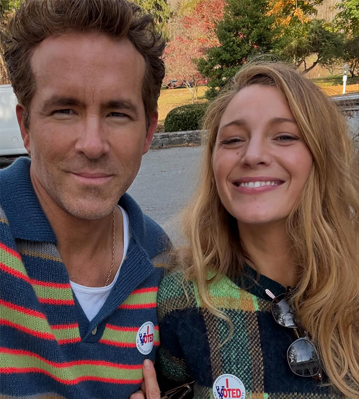 Blake Lively and Ryan Reynolds smiling outdoors, wearing "I Voted" stickers. Blake Lively and Ryan Reynolds smiling outdoors, wearing "I Voted" stickers.