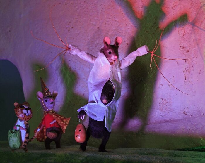 Miniature world scene with mice in colorful outfits from Maggie Rudy’s Mouseland.