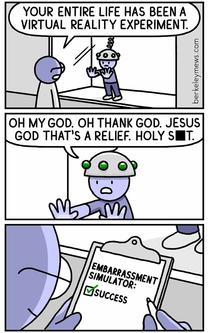 Comic panel with a VR twist showing a relieved character and a clipboard marked 'Embarrassment Simulator: Success'.