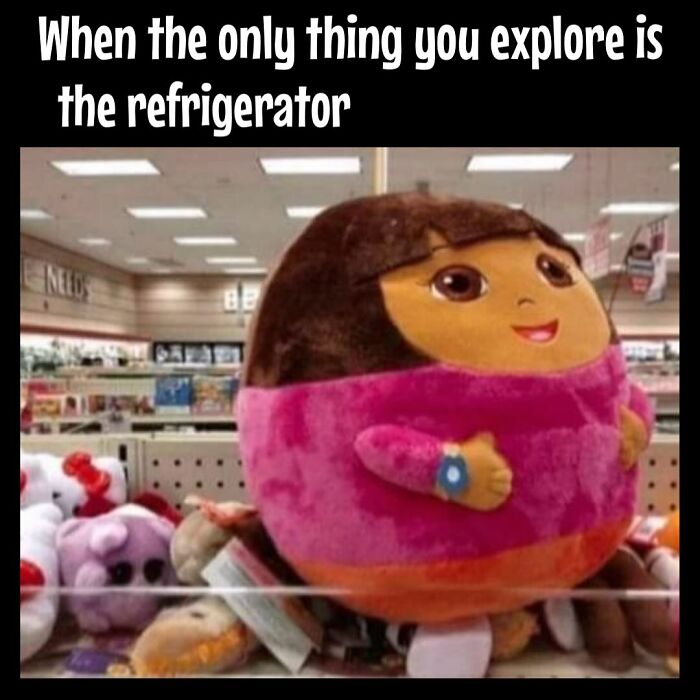 Plush toy resembling a popular explorer character, humorously capturing dieting and weight loss frustrations in a store setting.