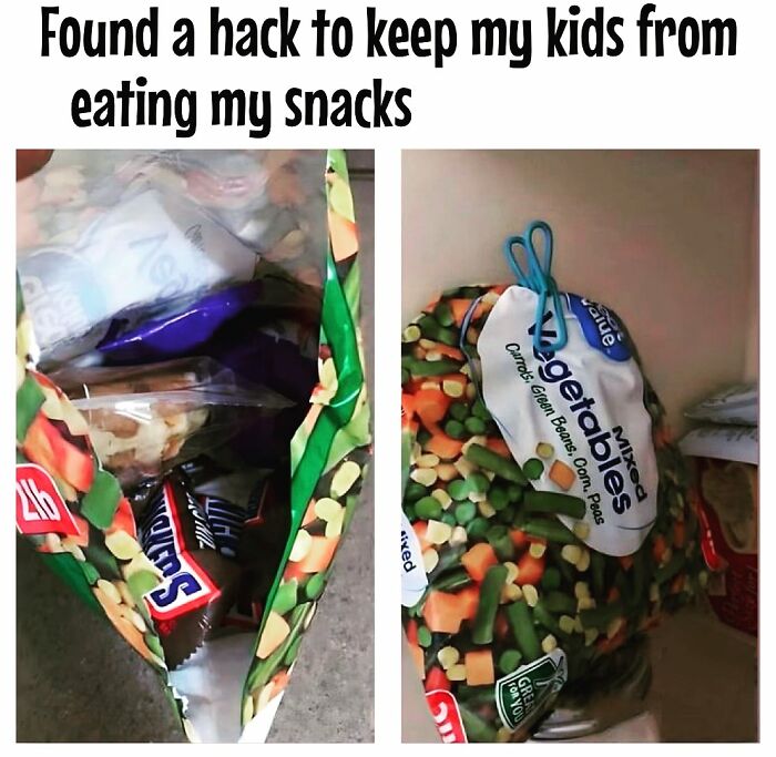 Snacks hidden in a mixed vegetables bag, capturing dieting frustrations humorously.