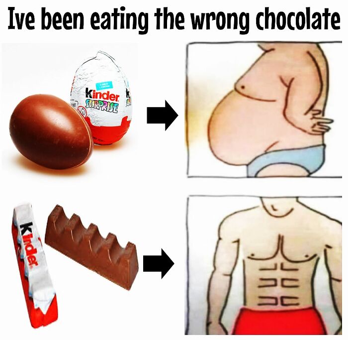 Cartoon comparing chocolates' effects on weight loss frustration, showing belly fat versus abs.