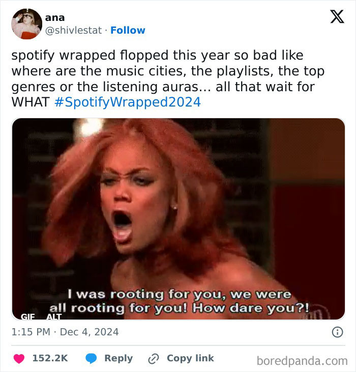 Person reacting animatedly, expressing disappointment over Spotify Wrapped 2024 results in a meme format.