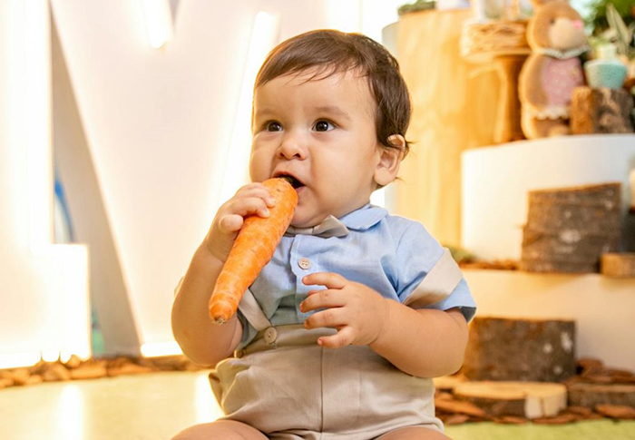Baby in a blue shirt holding a carrot, embodying a vegetarian lifestyle.