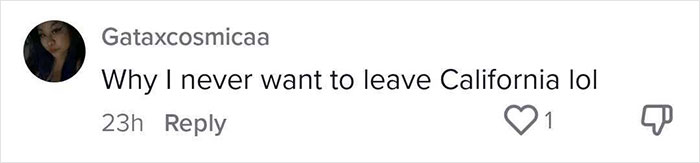 Comment from user expressing reluctance to leave California, related to a woman moving to a blue state.