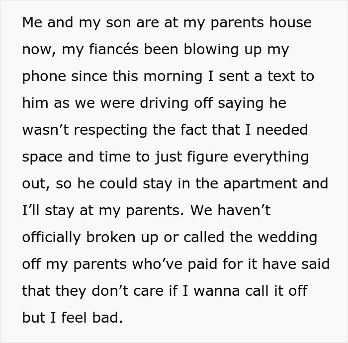 Text about a pregnant woman feeling upset with fianc&eacute; over lack of space during relationship issues.