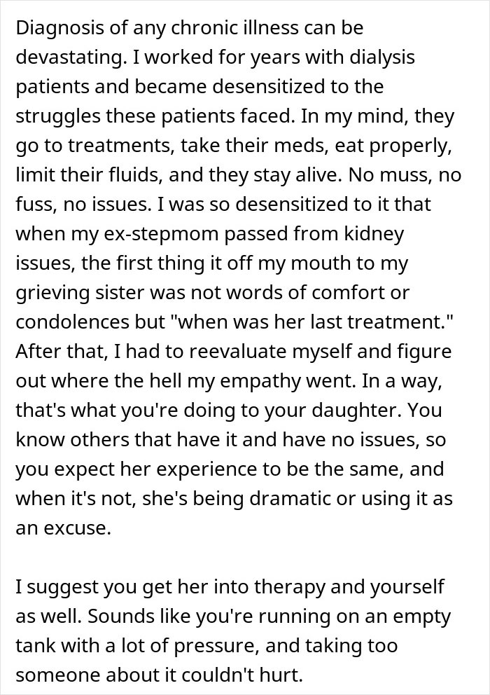 Text discussing the challenges and insensitivity towards chronic illness, focusing on a daughter's struggles with chores.