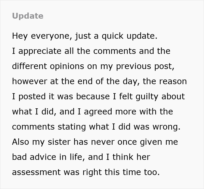 Text update about feeling guilty and considering advice regarding a Bumble date incident.