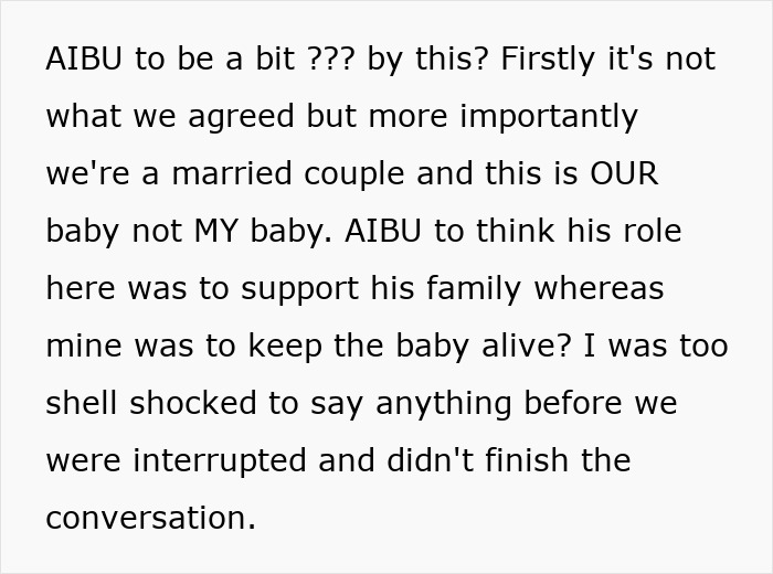 Text discussing financial responsibilities and maternity leave disagreement in marriage.