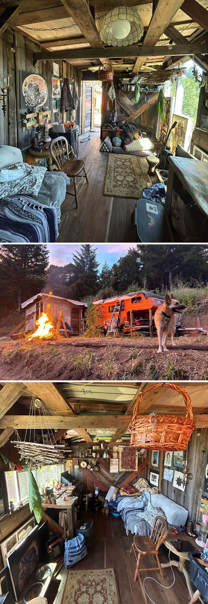 Cozy interior of a wooden tiny home with colorful decor and rustic charm.