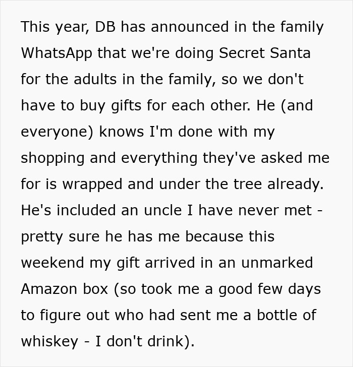 Text about a woman upset over family Secret Santa gift situation, feeling hurt and frustrated.