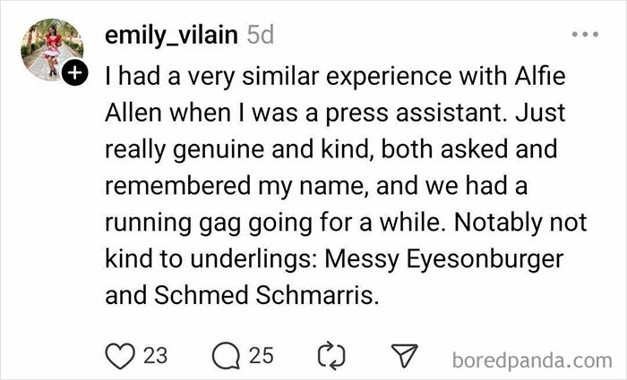 Celebrity kindness experience shared by user, revealing genuine interaction with Alfie Allen, showcasing Hollywood positivity.