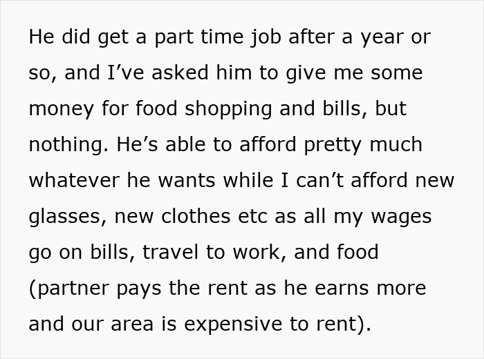 Text about frustrations with a deadbeat freeloader, financial struggles, and unequal expenses.