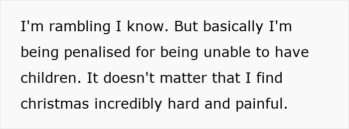 Text expressing frustration at discrimination for covering colleagues with kids during Christmas.