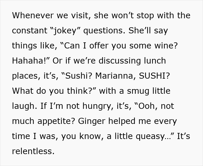 Text about mother-in-law making teasing comments, causing Christmas pregnancy stress.