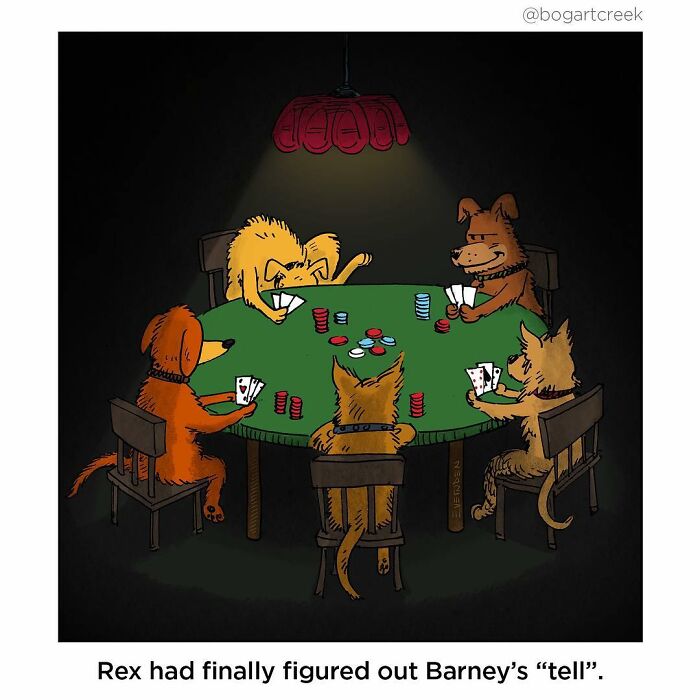 Dogs playing poker in a one-panel comic by Derek Evernden, showcasing humor with darker undertones.