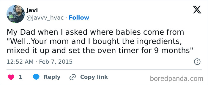 Funny tweet about where babies come from, comparing it to baking with a nine-month timer.