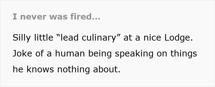 Text message showing shock over false firing assumption, discussing a culinary role.