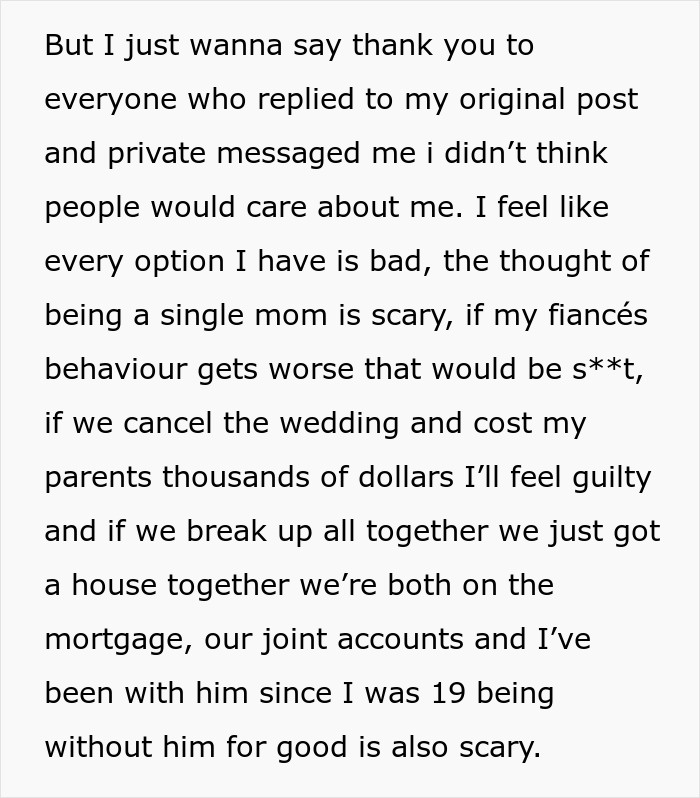 Text about pregnancy and feelings of being upset with fianc&eacute;'s behavior and potential outcomes.