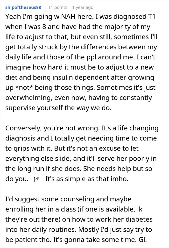 Reddit comment discussing balancing chores and a daughter's disease, with opinions on managing responsibilities.