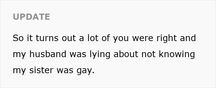 Text update about husband lying regarding gay sister.