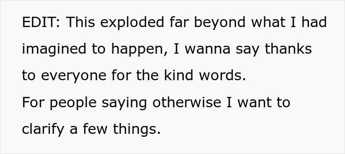 Text post about unexpected response and gratitude, discussing gender roles and chores.