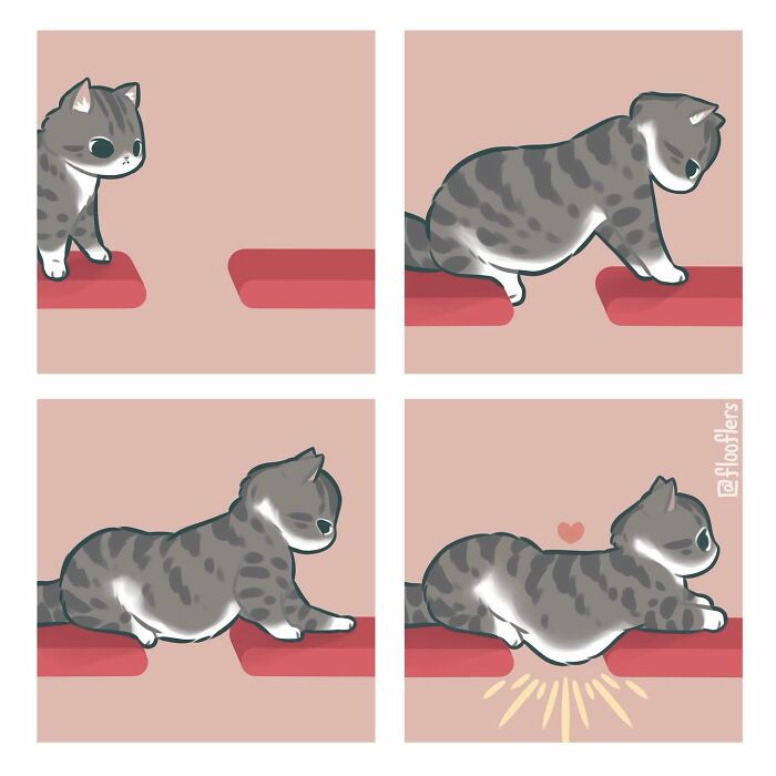 4-panel comic of a cute cat humorously sliding across a surface.