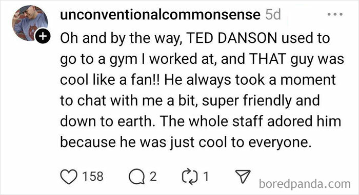 Comment praising Ted Danson's friendly nature at a gym.
