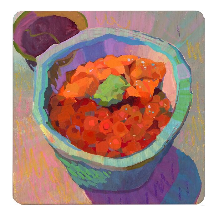 Cozy plein-air painting of an apple in a vibrant, colorful bowl.