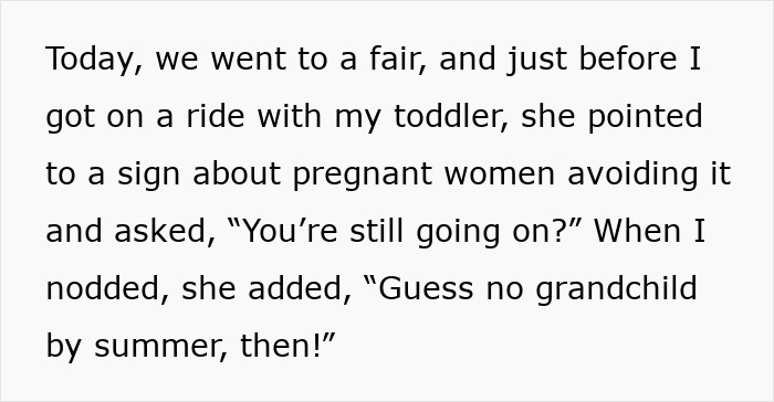 Text screenshot about Christmas pregnancy stress at a fair, mentioning a ride warning for pregnant women.