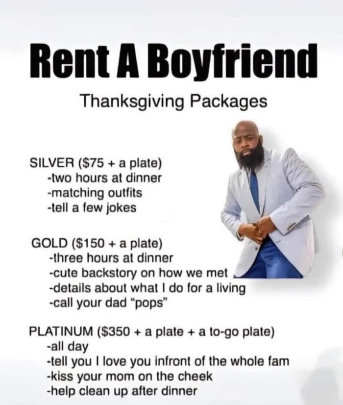 Funny "Rent A Boyfriend" Thanksgiving packages sign with a man in a suit.