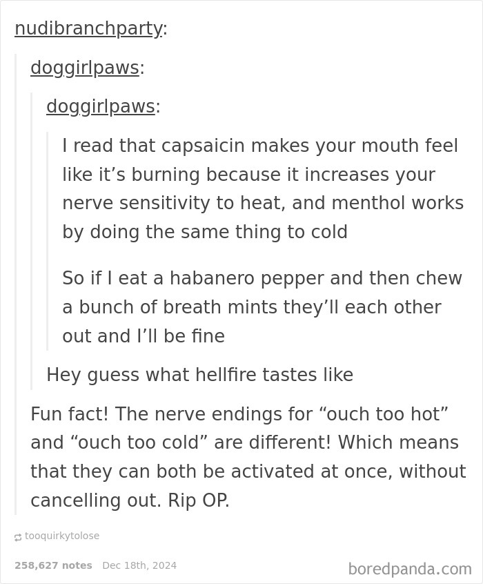 Science meme about capsaicin and menthol highlighting nerve sensitivity and humorously exploring their effects.