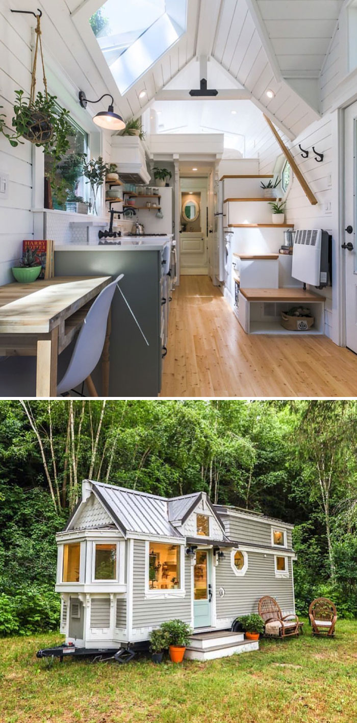 Tiny home interior with modern decor and an exterior in a lush forest setting.