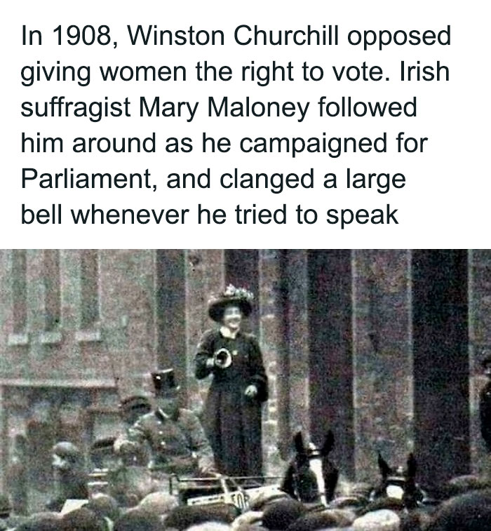 Suffragist Mary Maloney rings a bell to protest against Winston Churchill’s views on women’s voting rights in 1908.