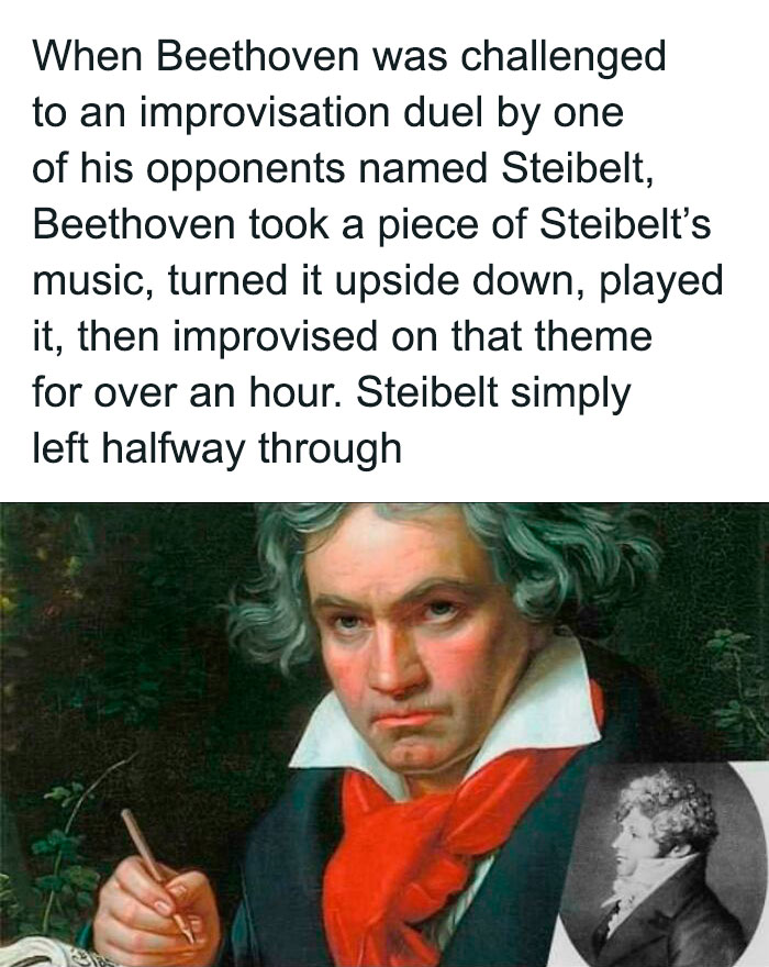 Beethoven in an improvisation duel with Steibelt, showcasing bold chaotic good actions through musical creativity.