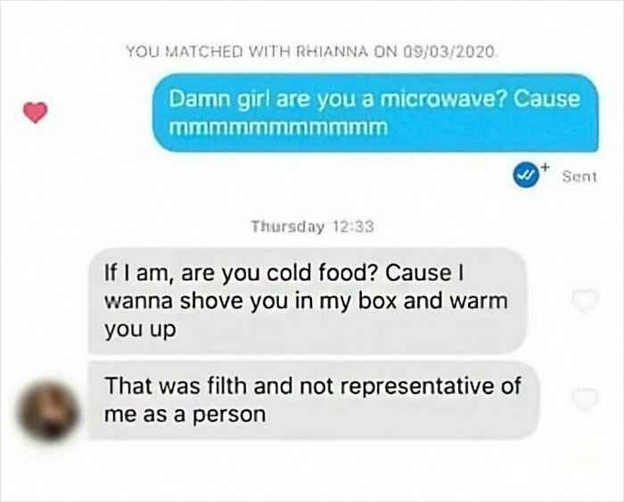 Humorous meme text exchange about microwaves and food warming.