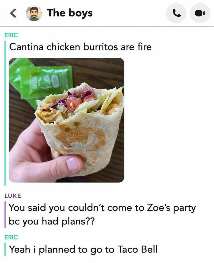 Group chat meme about prioritizing Taco Bell over social plans, with a burrito image.