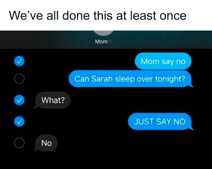 Text conversation meme humorously avoiding responsibilities.