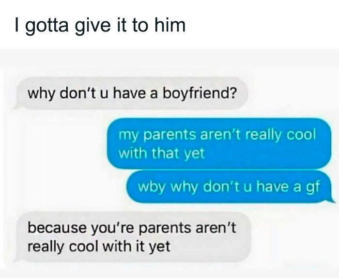Text message meme about dating and parental approval, showcasing humor and randomness.