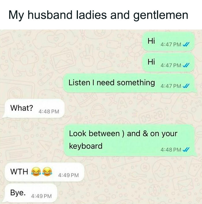 Text exchange meme joking about keyboard symbols for humor.