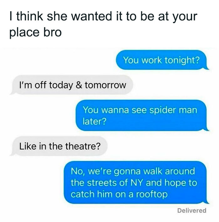 Text message meme about watching Spider-Man, capturing humor from random memes.