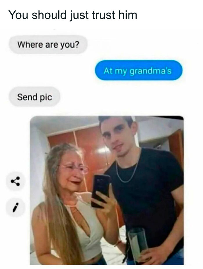 Text message meme about visiting grandma, with photo of a woman posing with a man.