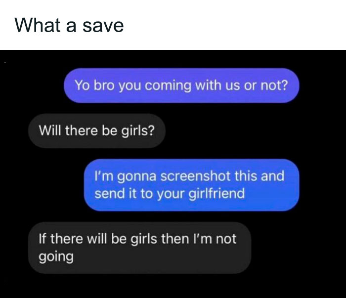 Text message meme with humorous conversation about attending an event, highlighting relationship dynamics.