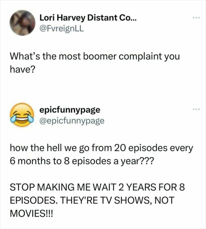 Text post meme about episode release schedules, jokingly questioning the reduction in TV show episodes per year.